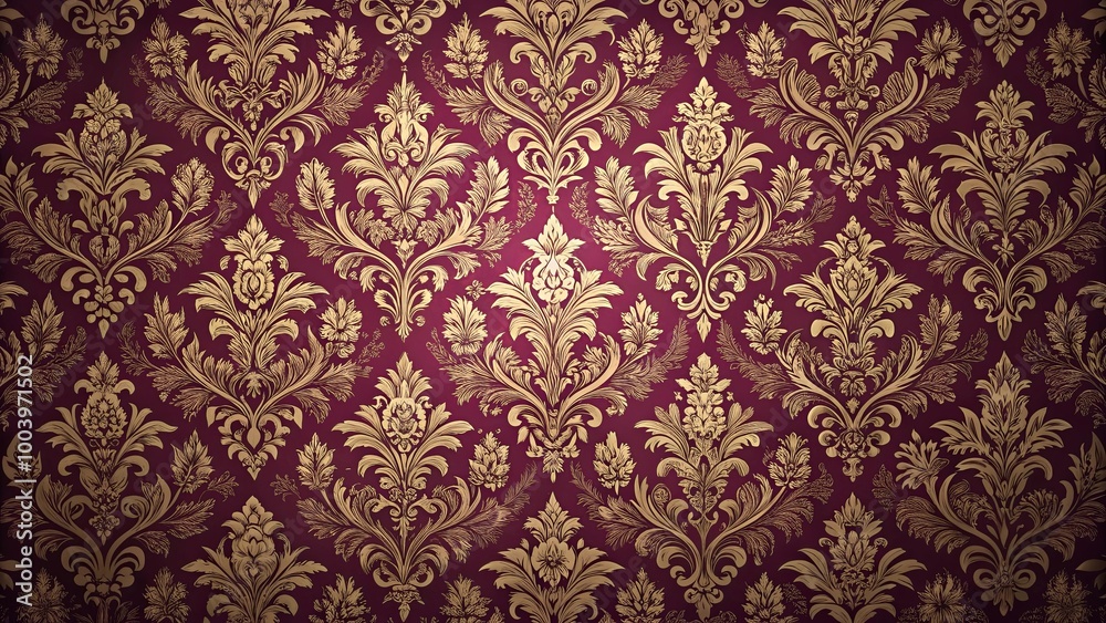 Ornate and intricate gold damask pattern on a rich burgundy background, a classic and timeless design that evokes elegance and sophistication. Ornate and intricate gold damask pattern on a rich burgundy background, a classic and timeless design that evokes elegance and sophistication.