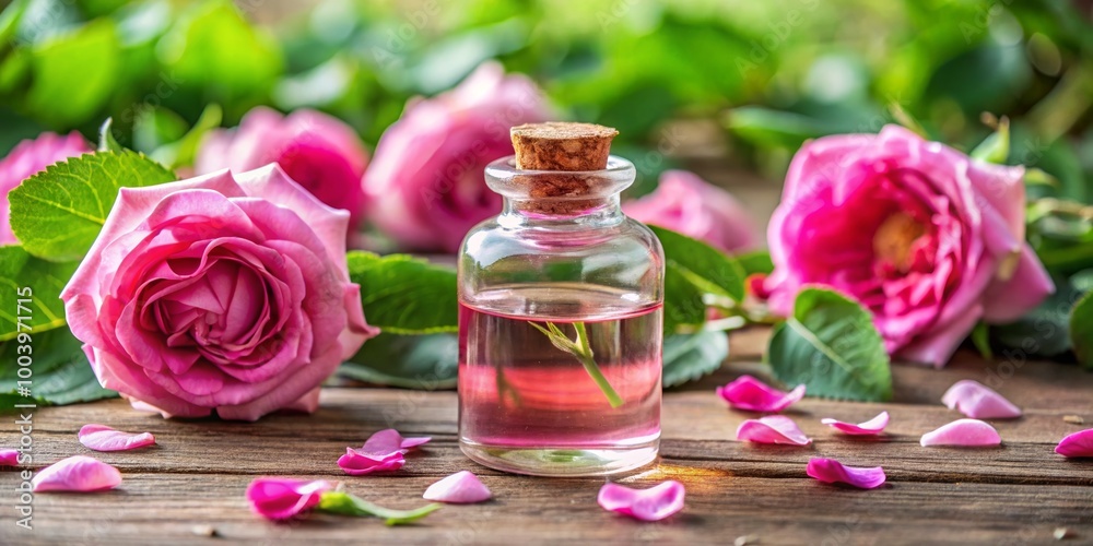 Elegant Rose Extract in Glass Bottle with Petals Elegant Rose Extract in Glass Bottle with Petals