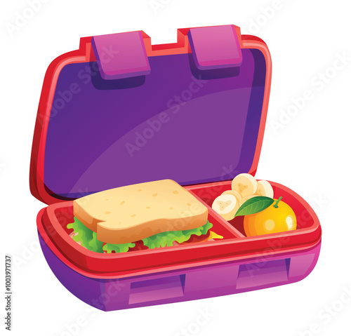 Lunch box with sandwich, orange, and banana slices in purple container. Vector cartoon illustration