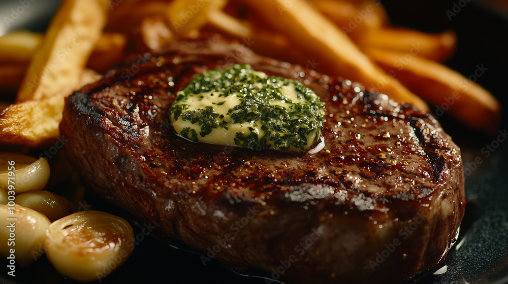 A close-up of a perfectly cooked steak, seared to perfection with a caramelized crust. v3