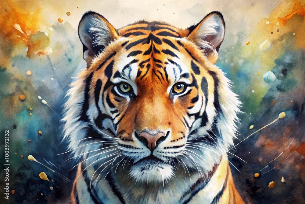 Naklejka premium Regal Tiger Watercolor Portrait in Mesmerizing Style