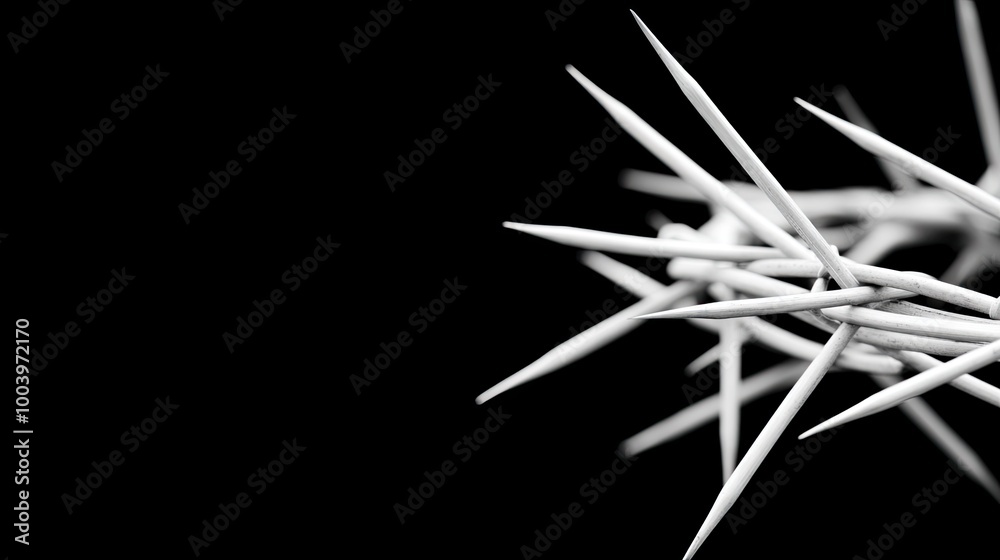Fototapeta premium A crown of thorns, formed from sharp metal, lies with angled nails beneath a ray of light in a dark room, evoking feelings of drama and suffering in this intimate perspective