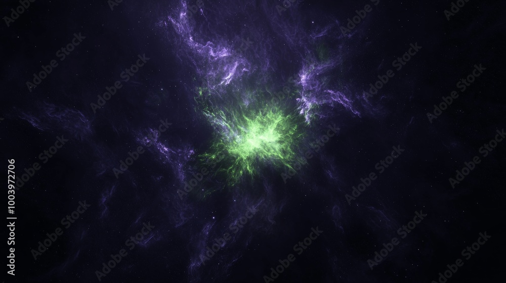 Fototapeta premium Green and purple nebula is releasing a powerful burst of energy from its center. The vibrant colors of the nebula contrast with the darkness of space