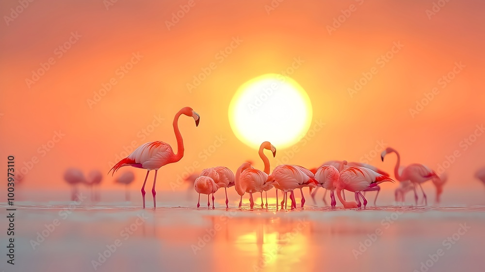 Obraz premium A flock of magnificent pink flamingos standing in the shallow waters of a tranquil lake or wetland silhouetted against the vibrant and colorful hues of a breathtaking sunset landscape