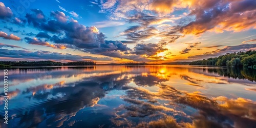 Golden Sunset Reflected in Still Waters, Creating a Dramatic and Serene Landscape