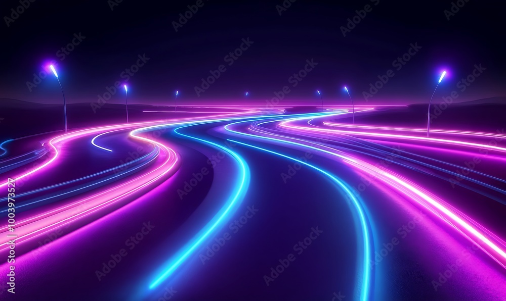 Neon road speed. Light abstract laser trace from the movement of cars. LED curves fast strips. Template for futuristic design. Neon road speed. Light abstract laser trace from the movement of cars. LED curves fast strips. Template for futuristic design.
