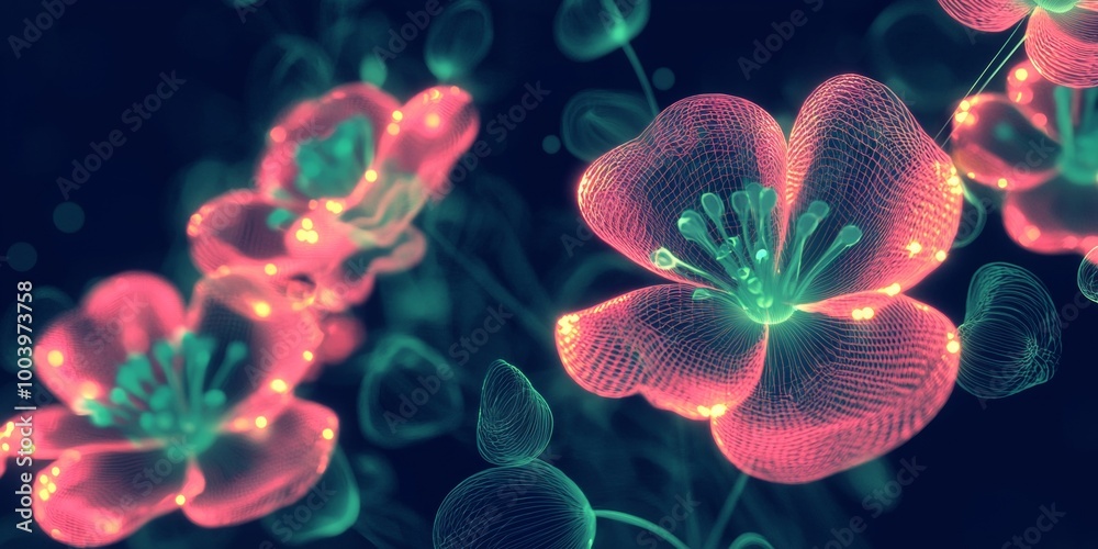 Abstract glowing red flowers with wireframe mesh are blooming on dark background. Concept art on the subject of nature, art, vital force and beauty
