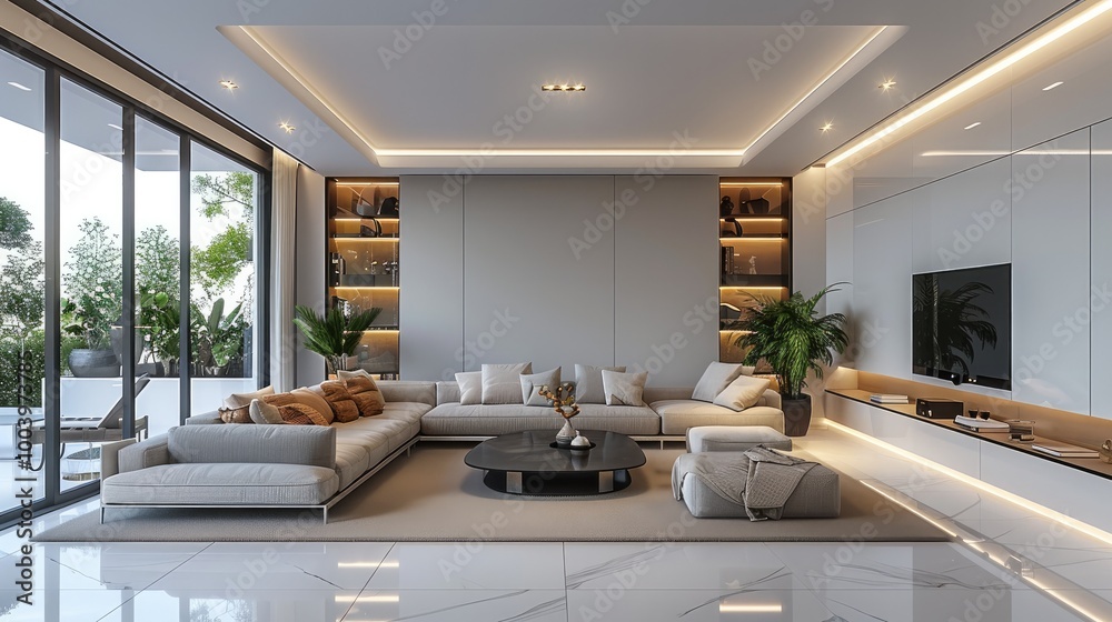 A stylish modern living room for cozy home, front elevation view, elegant lighting with pendant lamps, down lights, and LED strips for added beauty and luxury, minimal ceiling. A stylish modern living room for cozy home, front elevation view, elegant lighting with pendant lamps, down lights, and LED strips for added beauty and luxury, minimal ceiling.