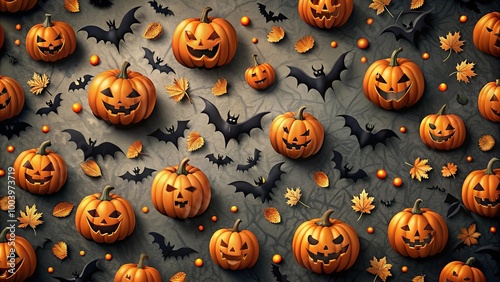 A festive autumn backdrop with a spooky arrangement of carved pumpkins and bats, adorned with vibrant orange leaves, adding a touch of Halloween magic to the scene.