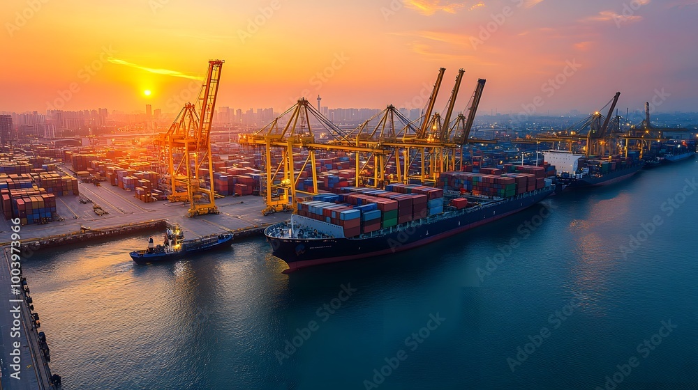 Fototapeta premium Container Ships Docked at a Busy Port at Sunset