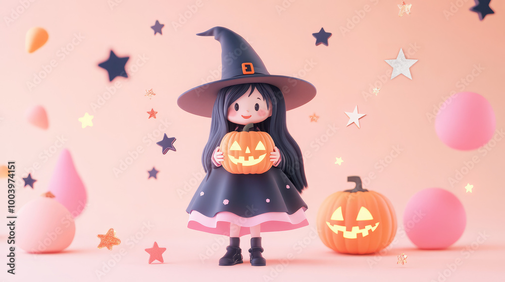 Cute witch standing smiling and holding a pumpkin. Orange background with Halloween decorations. Cute witch standing smiling and holding a pumpkin. Orange background with Halloween decorations.