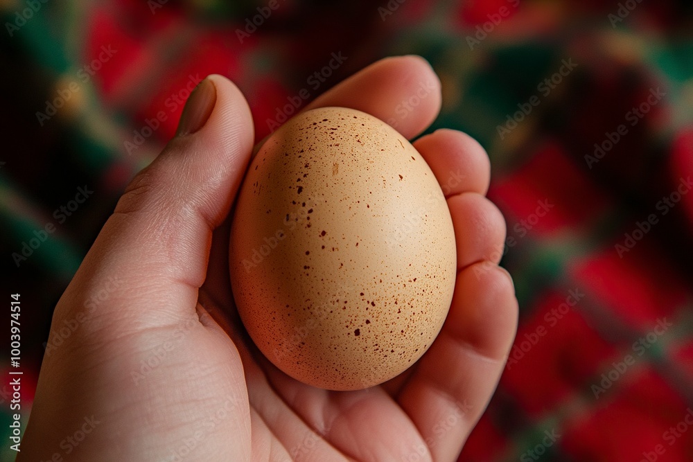 A hand gripping a single brown-colored boiled chicken egg, with the backdrop of a red and green plaid tablecloth, generative ai A hand gripping a single brown-colored boiled chicken egg, with the backdrop of a red and green plaid tablecloth, generative ai
