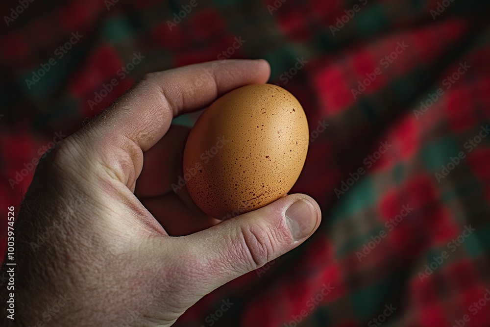 A hand gripping a single brown-colored boiled chicken egg, with the backdrop of a red and green plaid tablecloth, generative ai A hand gripping a single brown-colored boiled chicken egg, with the backdrop of a red and green plaid tablecloth, generative ai