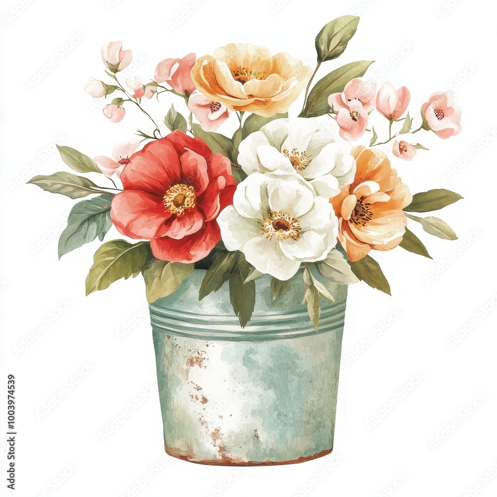 A bouquet of colorful flowers in a rustic metal pot, symbolizing beauty and nature. A bouquet of colorful flowers in a rustic metal pot, symbolizing beauty and nature.