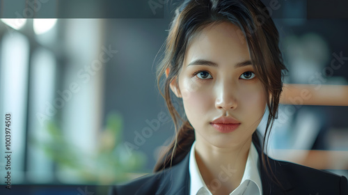 Beautiful Asian woman in a formal suit, businesswoman. Neural network AI generated art