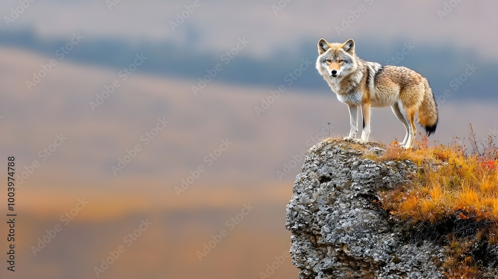 A lone gray wolf standing on a rocky ledge overlooking a vast densely forested landscape below The wolf is alert and watchful surveying its territory from the elevated vantage point A lone gray wolf standing on a rocky ledge overlooking a vast densely forested landscape below The wolf is alert and watchful surveying its territory from the elevated vantage point