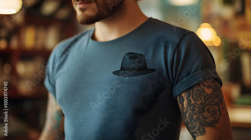 A trendy man displays a stylish blue t-shirt with a hat pocket print, embodying modern fashion and unique design. photo