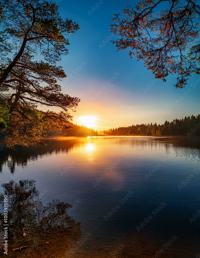 Obraz premium Sunset Serenity: Tranquil Lake Landscape with Trees