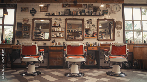 Nostalgic Charm of a 1950s Retro Barber Shop - Vintage Interior with Classic Chairs, Mirrors, and Old-Fashioned Decor photo