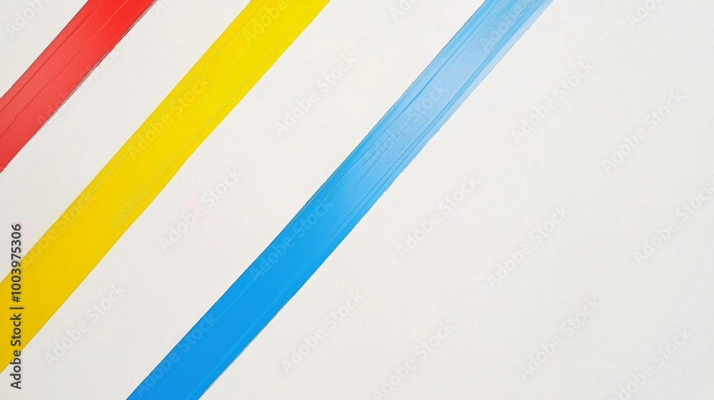 Red, yellow and blue stripes are painted diagonally on a white background, creating an abstract modern art design with copy space Red, yellow and blue stripes are painted diagonally on a white background, creating an abstract modern art design with copy space