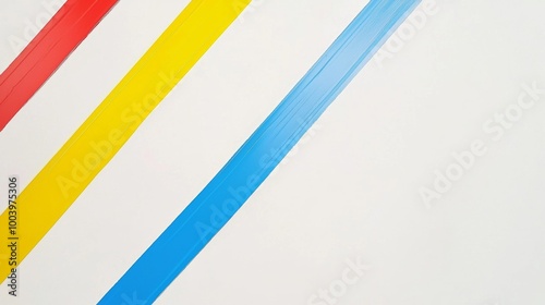 Red, yellow and blue stripes are painted diagonally on a white background, creating an abstract modern art design with copy space