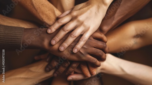 A close-up of hands of different skin colors clasped together, symbolizing unity and solidarity against racial discrimination.