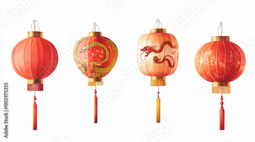 Chinese paper lanterns on the transparent background, with wavy long dragon drawings and ornament decorations. Oriental design elements, Asian cultural objects.