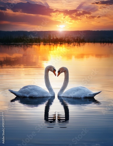 Two Swans Facing Each Other at Sunset: Serene Water Reflection