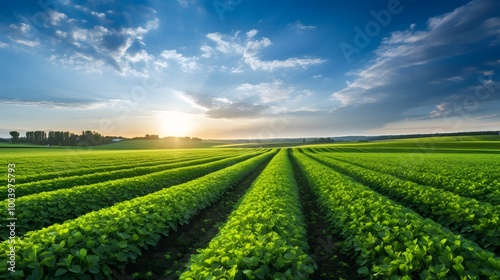 Rows of Green Crops in a Field at Sunset