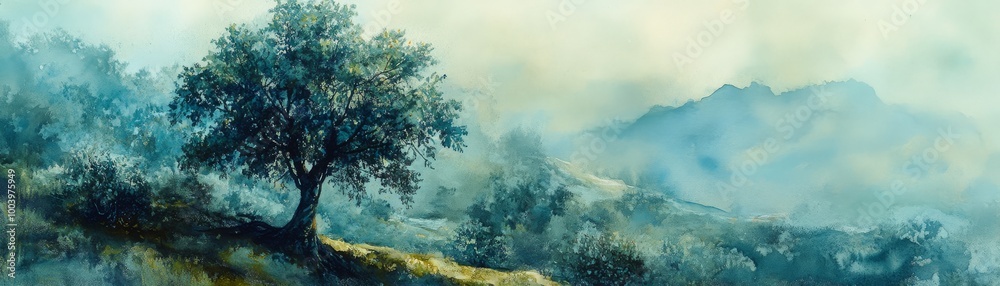 Fototapeta premium Serene Watercolor Tree Landscape