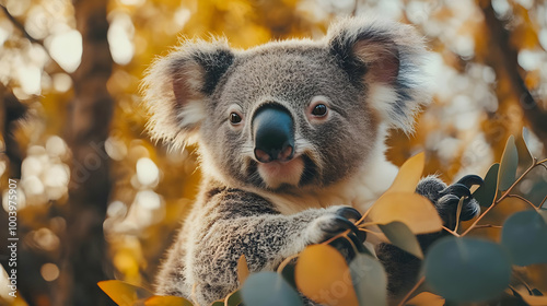 A curious koala perched among colorful autumn leaves, showcasing its adorable features in a natural setting.