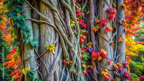 A textured bark tree trunk intertwined with vibrant green, yellow, and red vines. The bark is grey with visible lines and the vines are climbing upwards towards the top of the frame.