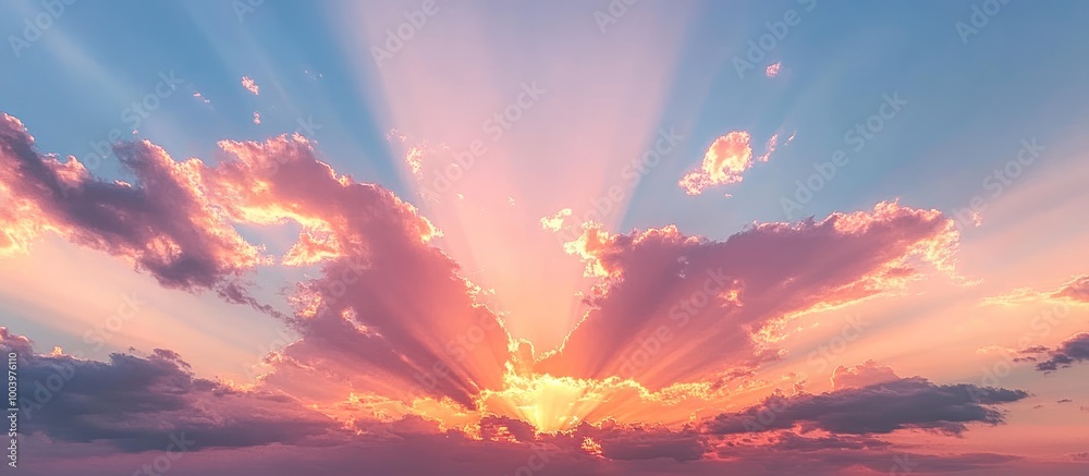 Fototapeta premium A breathtaking sunset with golden rays of light shining through clouds in a vibrant sky.