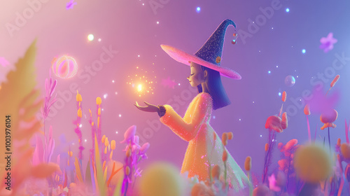 Colorful 3D witch with a pastel outfit, casting a spell with glowing lights, surrounded by whimsical Halloween decorations on a soft backdrop.