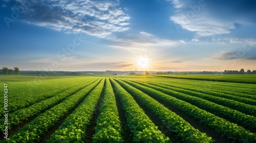 Sunlit Rows of Green Crops in a Vast Field at Sunset.