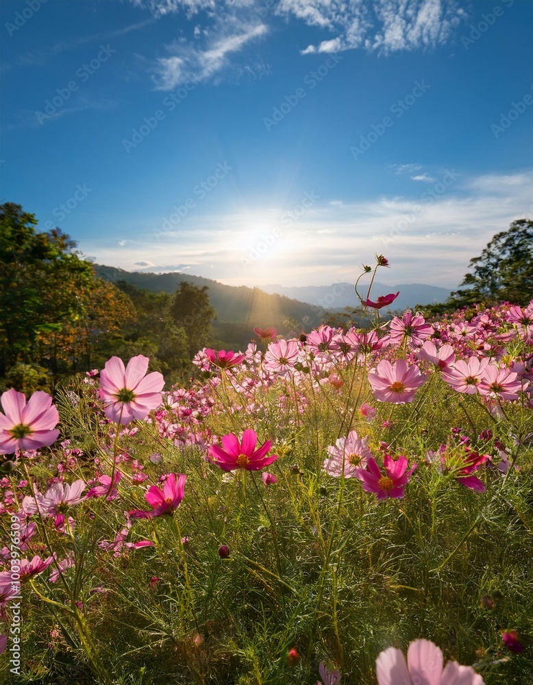 Landscape with a Beautiful View of Flowers and Clear Sky: A Peaceful Nature Background for Tranquil Design