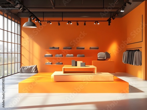 Sleek and contemporary 3D studio environment with an emphasis on the color orange sparse furnishings highlighting a product display platform