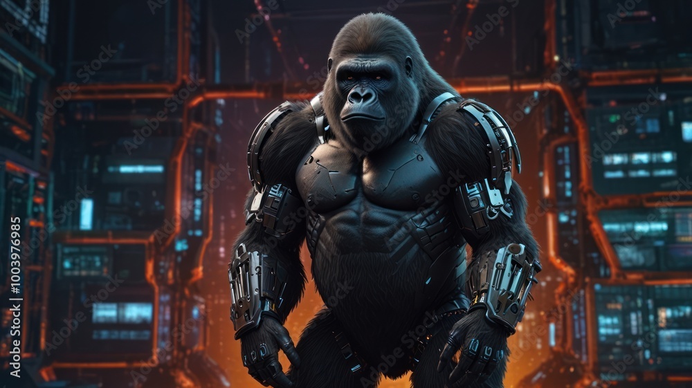 A powerful gorilla stands in a futuristic, high-tech environment. He is wearing a metallic exoskeleton, suggesting advanced technology. A powerful gorilla stands in a futuristic, high-tech environment. He is wearing a metallic exoskeleton, suggesting advanced technology.