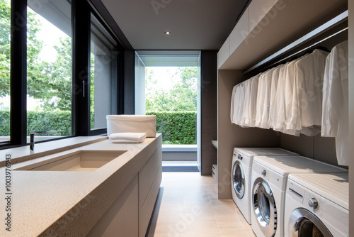 Modern laundry room with washing machines and hanging clothes, featuring a large window with a view of the garden