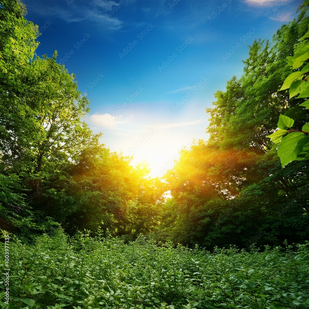 Nature Shot: Bright Orange Sun Shining in a Clear Blue Sky Surrounded by Greenery Nature Shot: Bright Orange Sun Shining in a Clear Blue Sky Surrounded by Greenery