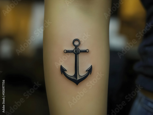 Stylish black anchor tattoo on a forearm, showcasing intricate details and craftsmanship. photo