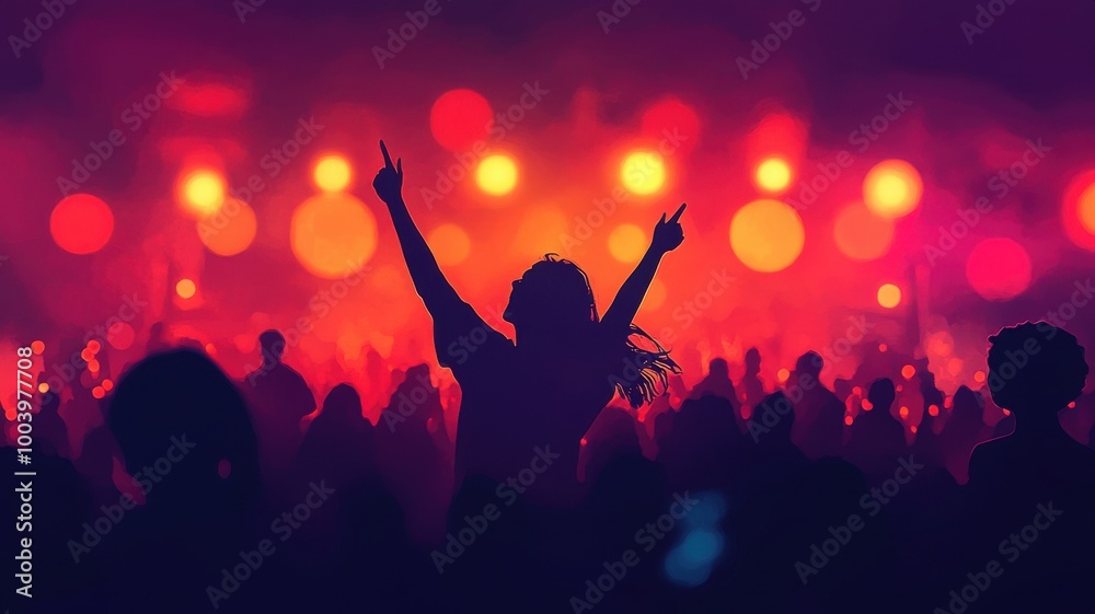 Silhouette of a person enjoying a vibrant concert with colorful lights in the background. Silhouette of a person enjoying a vibrant concert with colorful lights in the background.