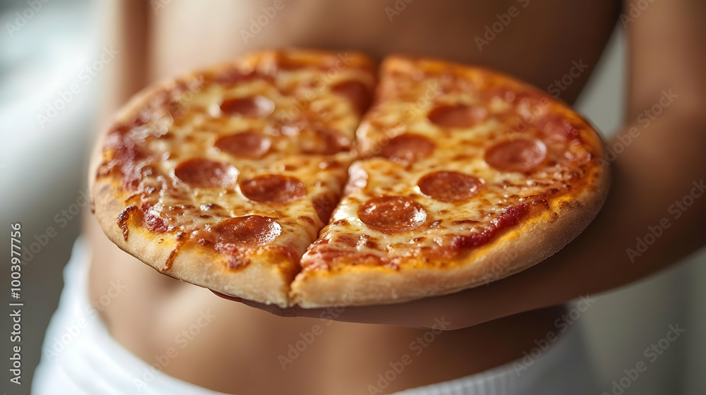 A person holding a delicious pepperoni pizza on a plate, ready to be enjoyed. A person holding a delicious pepperoni pizza on a plate, ready to be enjoyed.