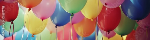 Colorful balloons float together in a festive display, creating a cheerful atmosphere at a birthday celebration. Perfect as panormaic banner or backdrop. photo