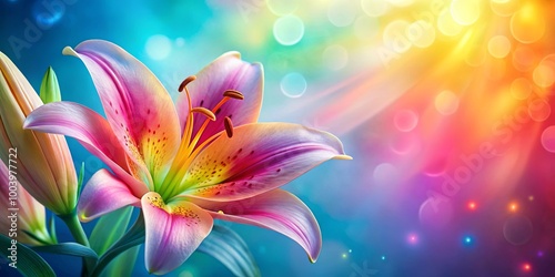 A Vibrant Pink Lily Flower Blooming Against a Rainbow Background of Blurry Lights and Colors