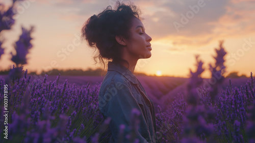  woman standing in a lavender field at dusk, her face relaxed and content as she inhales the fragrant air.