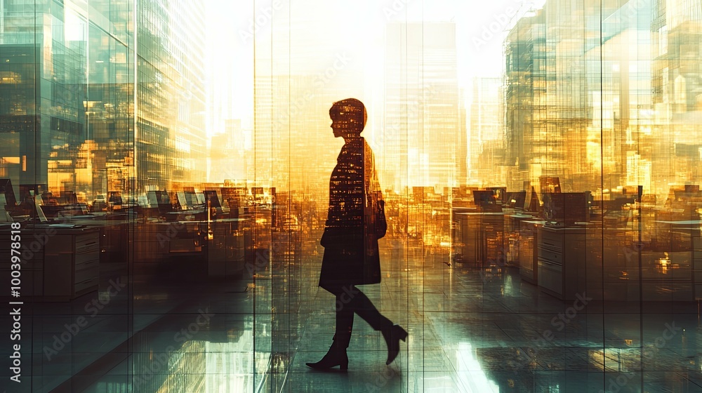 Silhouetted Figure Walking Through a Cityscape Reflected in a Window Silhouetted Figure Walking Through a Cityscape Reflected in a Window