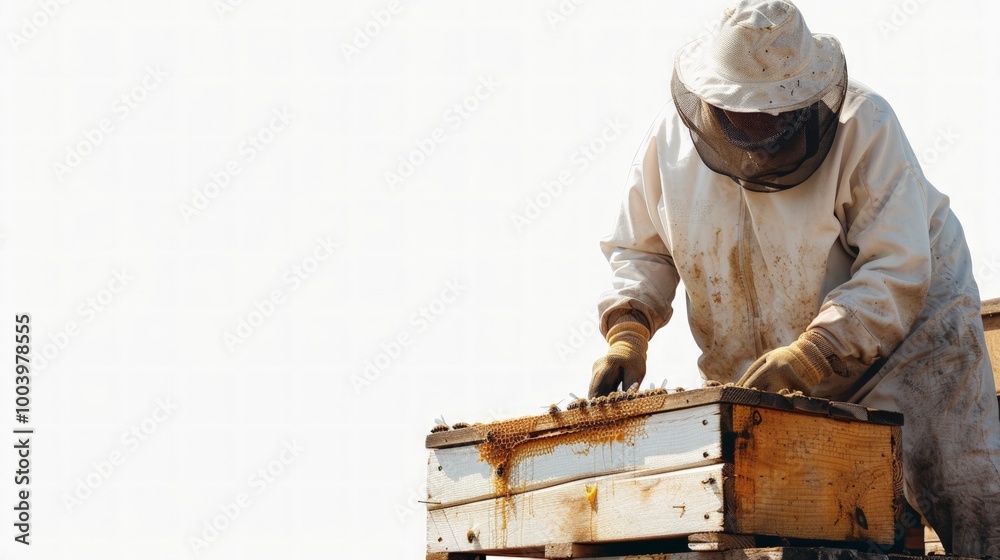 Worker tending to beehives on white background, full body shot, copy space on the right, ultra HD, realistic stock photo, colored background. Worker tending to beehives on white background, full body shot, copy space on the right, ultra HD, realistic stock photo, colored background.