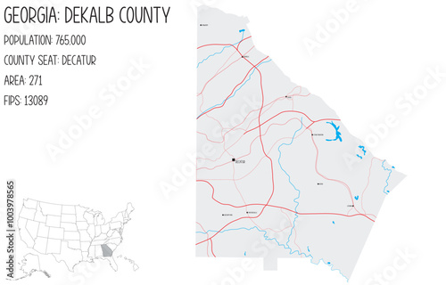 Large and detailed map of DeKalb County in Georgia, USA.