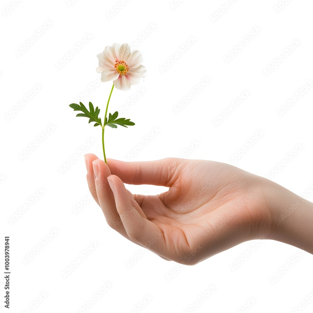 A hand gently holding a small flower against a plain white background A hand gently holding a small flower against a plain white background